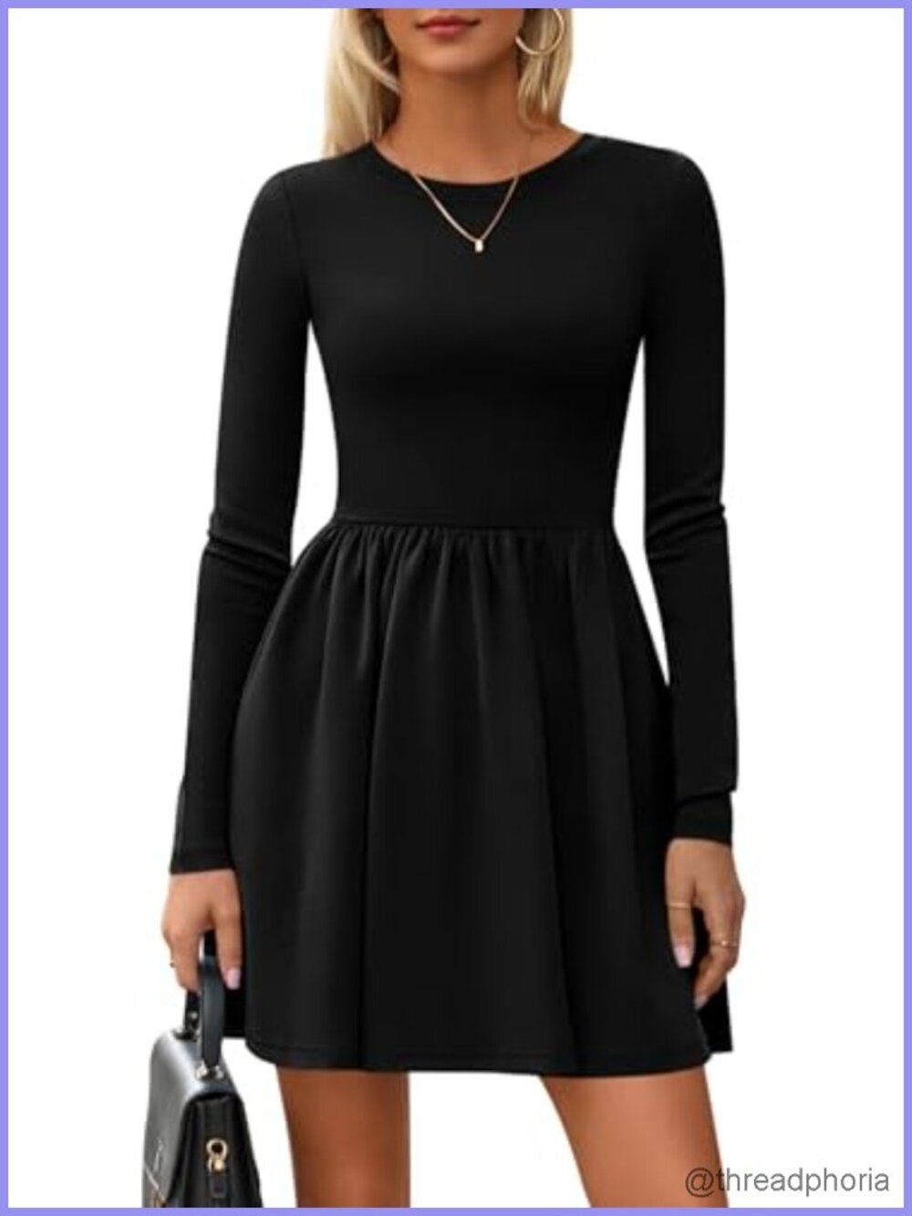 Women's Long Sleeve Pleated A-Line Mini Babydoll Dress with Pockets